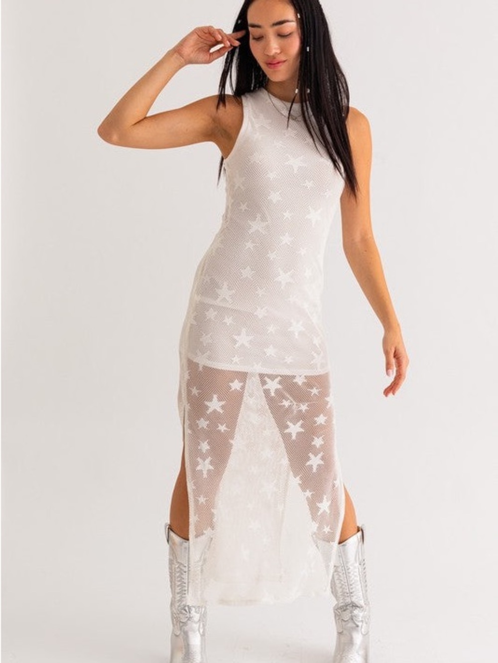 Le Los cream off White Star Mesh Maxi Dress